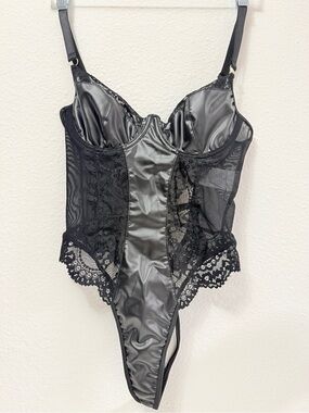 Black Lace Mesh Corset Bodysuit Strappy Back Underwire Teddy Size S